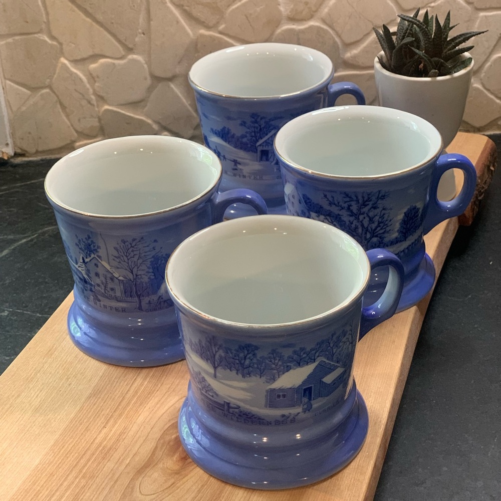 CURRIER & IVES | Set of 4 | Blue & White Vintage Mugs | Homestead Theme